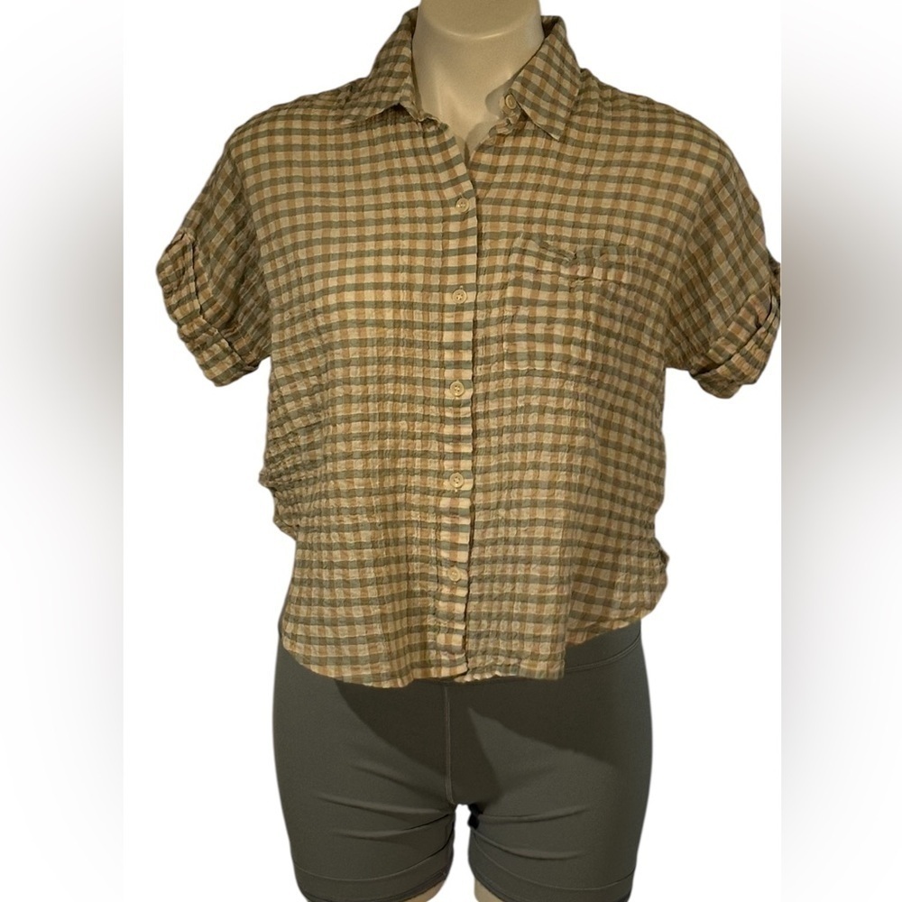 MADEWELL Women’s Plaid Button-Up Shirt Cream/Tan Short Sleeves Size XXS - Picture 9 of 9